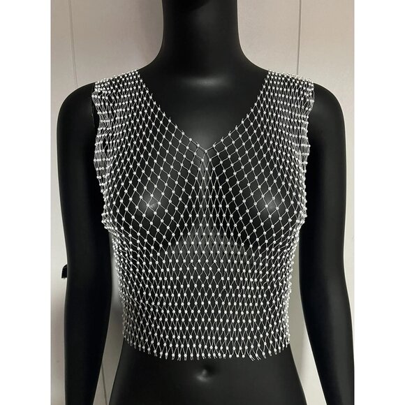 New Crystal Studded Silver Fishnet Tank Top - Picture 2 of 9
